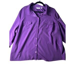 Susan Graver 1X Button Down 3/4 Sleeves Purple Elevated Basic Business Casual